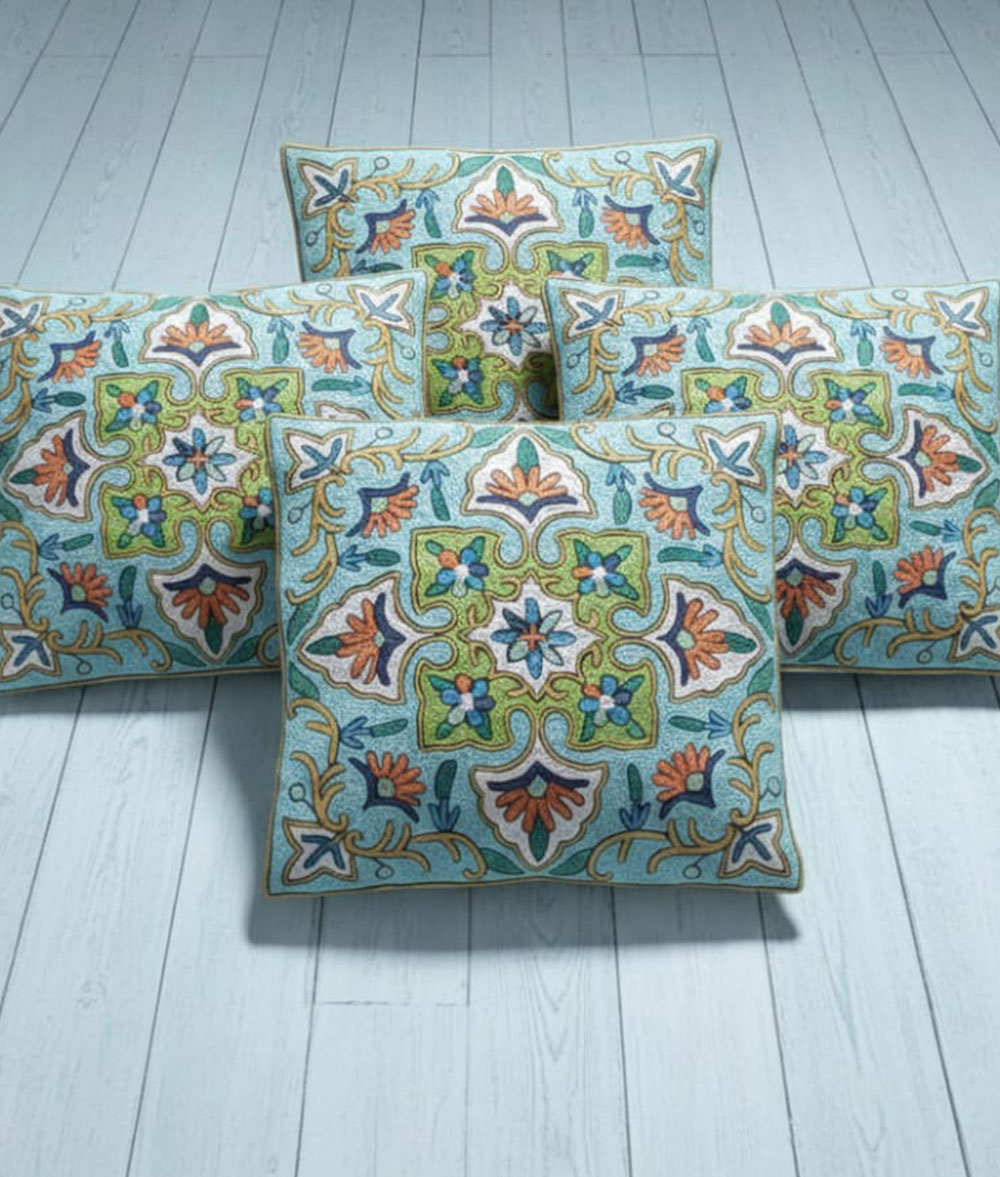 Kashmir handmade chain stitch cushion covers with handstiched multiple floral designs