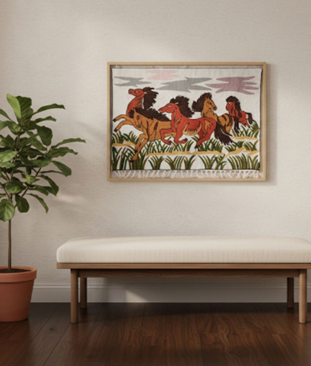 Kashmir handmade woolen Chain stich rug multiple horse animal design3