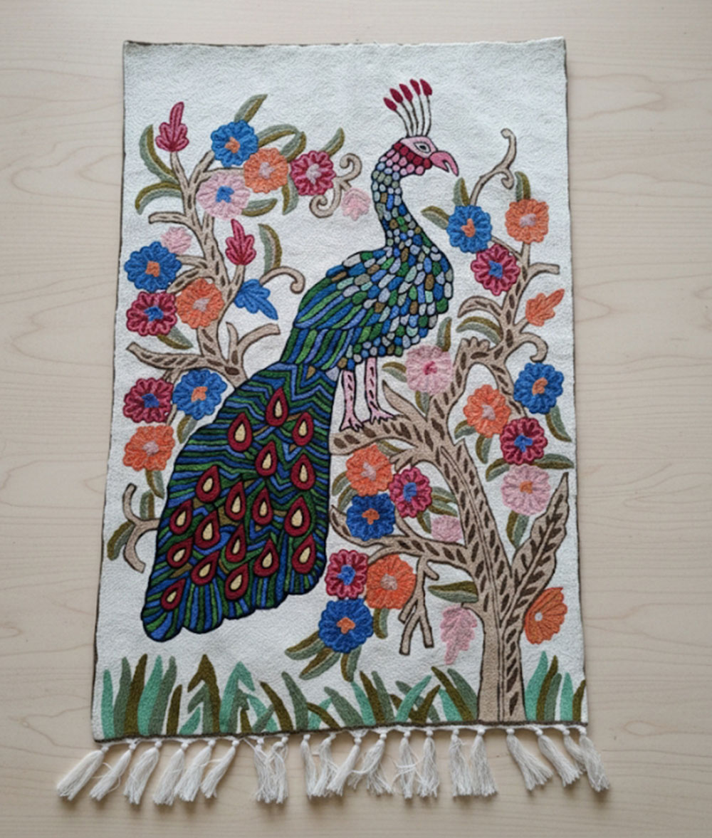 Kashmir handmade woolen chain stitch peacock design Rug6